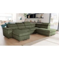 Canapé d'angle convertible panoramique 5 a 6 places DAYTONA - Velours côtelé kaki - Avec coffre - L 326 x H 94 x P 216 cm(m-2)