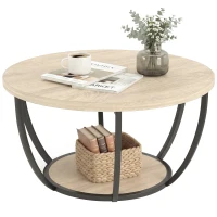 HOMCOM Table basse ronde avec 2 étagères de rangement, pieds en métal, bords arrondis, chêne et noir(m-7)