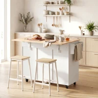 HOMCOM Îlot de cuisine avec plateau rabattable, chariot à roulettes 2 tiroirs, 3 portes, porte-racks et porte-serviettes, blanc(m-9)