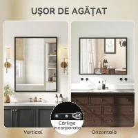 HOMCOM Oglindă de Perete din Sticlă și MDF, cu Cârlige, 70 x 90 cm, Negru(m-5)