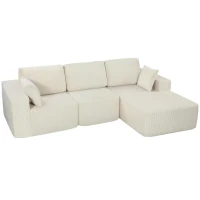 HOMCOM Canapé d'angle modulable 2 en 1, 267cm, canapé-lit 3 places en velours côtelé, larges assise et accoudoirs, crème(m-1)