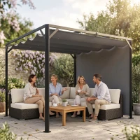 Outsunny Gazebo Pergola Retrattile 3x3 m con Tenda a Rullo e Fori di Drenaggio, in Acciaio e Poliestere Grigio Scuro(m-8)