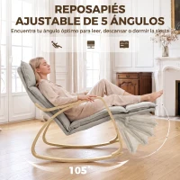 HOMCOM Silla Mecedora con Reposapiés Ajustable en 5 Posiciones Reposabrazos de Madera Acolchado Doble Capa Gris Claro(m-5)