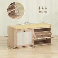 HOMCOM Rattan Shoe Bench with Padded Cushion and 2 Cabinets for Hidden Storage, Oak Wood Effect(m-3)