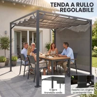 Outsunny Gazebo Pergola Retrattile 3x3 m con Tenda a Rullo e Fori di Drenaggio, in Acciaio e Poliestere Grigio Scuro(m-5)