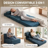 HOMCOM Canapé-Lit Pliant 3 en 1, Chauffeuse 1 Place Convertible en Velours Côtelé, Poches Latérales, Oreiller, Bleu(m-4)