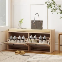HOMCOM Rattan Shoe Bench with Padded Cushion and 2 Cabinets for Hidden Storage, Oak Wood Effect(m-2)