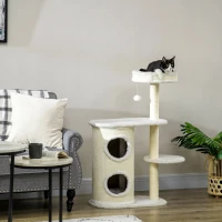 PawHut Albero Tiragraffi per Gatti Alto 100 cm con Palo Graffiatoio in Sisal, Cesto e Casetta a 2 Livelli, Crema(m-7)
