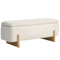 HOMCOM Banc de Rangement, Bout de Lit Rembourré, Charnières de Sécurité, Pieds Forme U en Bois d'Hévéa Stable, Crème(m-11)