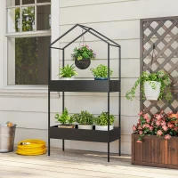 Outsunny 2 Tier Plant Stand, Outdoor Indoor Metal Plant Stand with Hook, House-Shaped Pots Holder Display Rack, Black(m-10)
