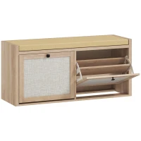 HOMCOM Rattan Shoe Bench with Padded Cushion and 2 Cabinets for Hidden Storage, Oak Wood Effect(m-1)