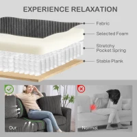 HOMCOM 3 Seater Sofa, 212cm Corduroy Couch with Spring Cushion, Wide and Deep Seat, Plush Backrest, 2 Pillows, Sofa Settee for Living Room, Home Office, Grey(m-6)