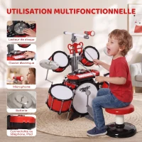 HOMCOM Kit de Batterie pour Enfants avec Tabouret, Clavier Électronique, Microphone, Connecté via USB, 77,5x40x76,5cm, Rouge(m-5)