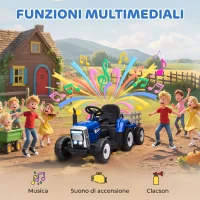 HOMCOM Trattore Elettrico per Bambini con Rimorchio Rimovibile, Telecomando, Porta USB, Musica e Luci, Età 3-6 Anni, Blu(m-6)