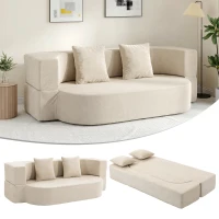 HOMCOM Canapé Convertible 2 Places, Canapé-Lit en Chenille 190cm, Dossier Rabattable, Assise et Accoudoirs Larges, Beige(m-18)