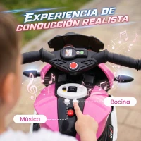 HOMCOM Moto Eléctrica para Niños con 3 Ruedas Pedal Faro LED Música y Bocina para Niños de 3 a 5 Años Rosa(m-4)