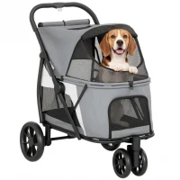 PawHut Hondenwagen inklapbaar huisdierenbuggy met wasbaar kussen, gaasvensters, 3 wielen, voor middelgrote honden tot 20 kg, grijs(m-11)