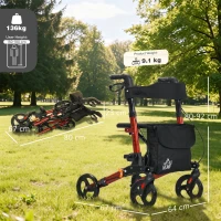 HOMCOM Rollator Walker with Seat, Compact Quick Folding Mobility Walker with 8" Wheels, Carry Bag, Adjustable Height, Cane Holder and Lightweight Aluminium Frame for Seniors and Disabled, Red(m-3)