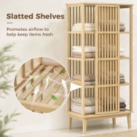 HOMCOM Armoire Chambre Penderie en Bambou 5 Niveaux avec Porte Coulissante, Design Aéré à Lattes, Bois Naturel(m-7)