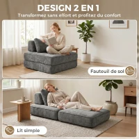 HOMCOM Canapé-lit pliant 2 en 1, chauffeuse 1 place, convertible en chenille, coussin épais, dossier et oreiller, gris(m-4)