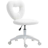 HOMCOM Sedia da Ufficio Imbottita con Schienale a Cuore e Rotelle, in Velluto Teddy e Plastica, 45x56x78-88 cm, Bianco(m-11)