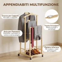 HOMCOM Appendiabiti da Terra in Bambù con Ruote, Grucce, Barre, Vassoio e Ripiano, per Camera da Letto, Ingresso, Rovere(m-5)