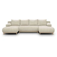 Canapé panoramique convertible - 6 places - MIKA - Velours côtelé Beige - Coffre de rangement - 313 x 84 x 145 cm(m-1)