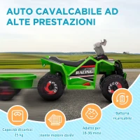 HOMCOM Quad Elettrico per Bambini con Rimorchio, Pedale, Marce Avanti e Indietro, 2.5 km/h, per 18-36 Mesi, Verde(m-6)