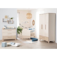 Chambre bébé trio : Lit évolutif 70 x 140 cm + Commode a langer + Armoire - SIDNEY - ROBA - Chene / Beige