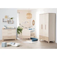 Chambre bébé trio : Lit évolutif 70 x 140 cm + Commode a langer + Armoire - SIDNEY - ROBA - Chene / Beige(m-1)