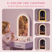 AIYAPLAY Kids Dressing Table, Girls Vanity Set with Stool, 3-Colour LED Lights Mirror, Large Drawer for Ages 3-8, Pink(m-4)