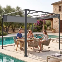 Outsunny Gazebo Pergolă Retractabilă 3x3 m cu Tendă Rulantă și Orificii de Drenaj, din Oțel și Poliester Gri Închis(m-9)
