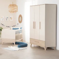 Chambre bébé trio : Lit évolutif 70 x 140 cm + Commode a langer + Armoire - SIDNEY - ROBA - Chene / Beige(m-3)