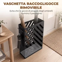 HOMCOM Portaombrelli in Acciaio con 4 Ganci, Vaschetta Raccogligocce Estraibile, Nero(m-6)