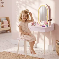AIYAPLAY Kids Dressing Table, Girls Vanity Set with Stool, 3-Colour LED Lights Mirror, Large Drawer for Ages 3-8, Pink(m-2)
