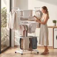 HOMCOM Séchoir à linge pliable 4 niveaux avec roulettes, étendoir linge intérieur avec ailes latérales, cadre en acier, blanc(m-14)