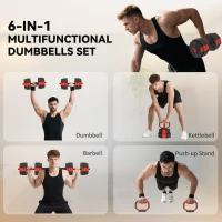 SPORTNOW 6-in-1 Adjustable Weight Dumbbells Set, Used as Kettlebell, Barbell, Dumbbell, Push-Up Stand, 30kg Free Weights Set for Men and Women Home Gym Training, Red(m-4)