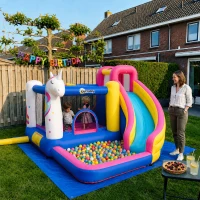 Outsunny Opblaasbaar springkasteel met glijbaan speelkasteel springkasteel met blazer voor 4 kinderen(m-2)