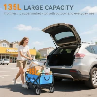 Outsunny 135L Festival Trolley on Wheels, Folding Wagon Camping Trolley Cart with Adjustable Handle, Dual Brakes, Portable Wagon Cart for Outdoor, Garden, Shopping, Fishing, Blue(m-4)