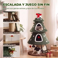 PawHut Árbol Rascador para Gatos 132 cm Diseño de Navidad Torre para Gatos de Felpa con 2 Casitas Escalera de Sisal Verde(m-7)