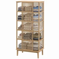 HOMCOM Armoire Chambre Penderie en Bambou 5 Niveaux avec Porte Coulissante, Design Aéré à Lattes, Bois Naturel(m-18)