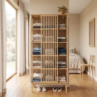 HOMCOM Armoire Chambre Penderie en Bambou 5 Niveaux avec Porte Coulissante, Design Aéré à Lattes, Bois Naturel(m-10)