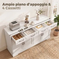 HOMCOM Credenza da Cucina con 4 Cassetti e 4 Ante in Stile Country, 140x38x80 cm, Bianco(m-5)