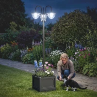Outsunny 189cm 3-head Solar Lamp Post, Street Light with Planter, Automatic-on, 6 Hour Max Outdoor Ready LED Lighting, Black(m-14)