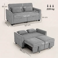 HOMCOM 2 Seater Sofa Bed, 4-in-1 L-Shaped Convertible Pull-Out Sleeper Sofa with Adjustable Backrest and Side Pockets, Grey(m-3)