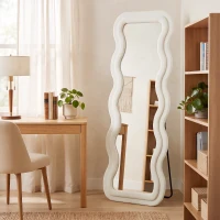 HOMCOM Espejo de Cuerpo Entero 160x60 cm Marco Ondulado Aterciopelado Independiente Apoyado y de Pared Crema(m-10)