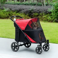 PawHut Carrinho para Cães Dobrável com Janelas de Malha Cinto de Segurança e Bolsos de Armazenamento 112x65x100 cm Vermelho(m-10)