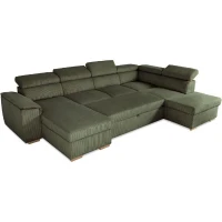 Canapé d'angle convertible panoramique 5 a 6 places DAYTONA - Velours côtelé kaki - Avec coffre - L 326 x H 94 x P 216 cm(m-3)