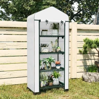 Outsunny 4 Tier Mini Portable Greenhouse Compact Plant Grow Shed Metal Frame PE Cover with Lockable Rolling Wheels, White(m-8)