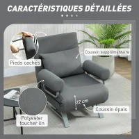 HOMCOM Fauteuil Convertible 1 Place, Fauteuil-Lit Pliable Rembourré en Lin avec Dossier Réglable, Oreiller, Gris Foncé(m-6)